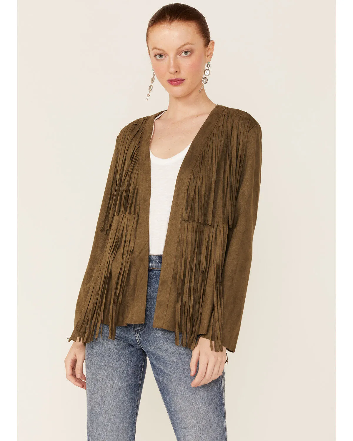 Product Name:  Vocal Women's Dark Olive Tiered Fringe Faux Suede Open-Front Jacket