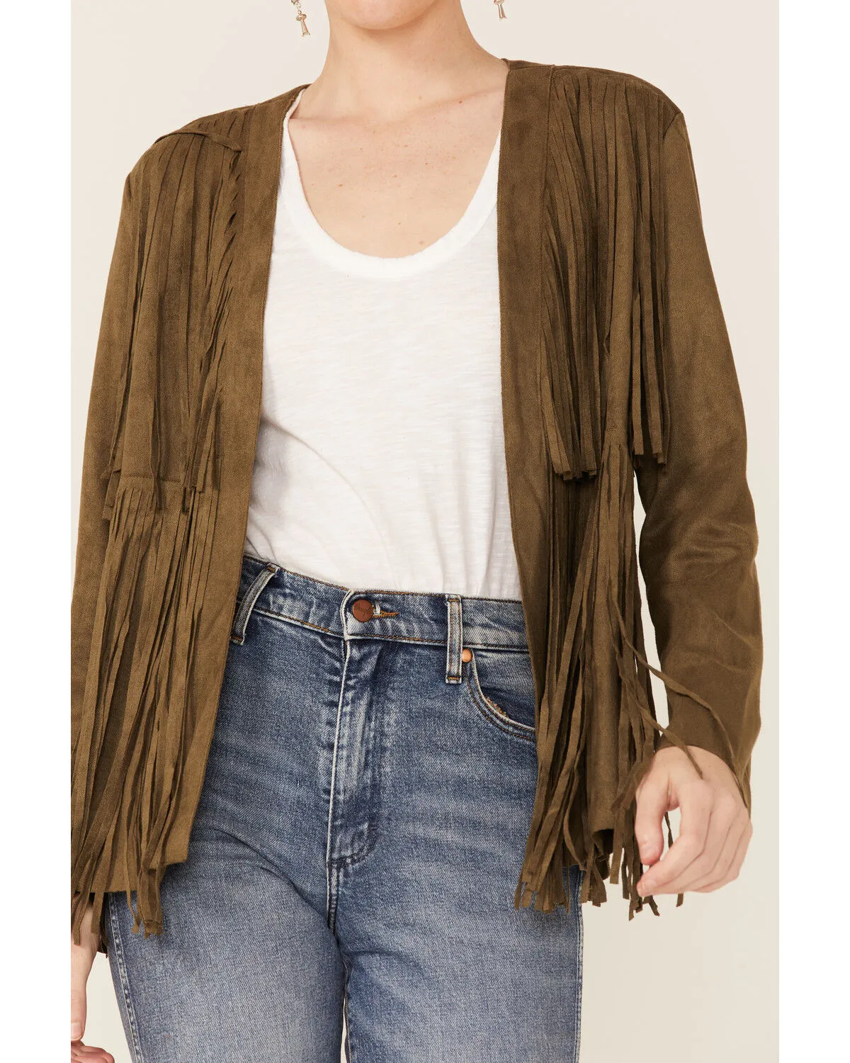 Product Name:  Vocal Women's Dark Olive Tiered Fringe Faux Suede Open-Front Jacket