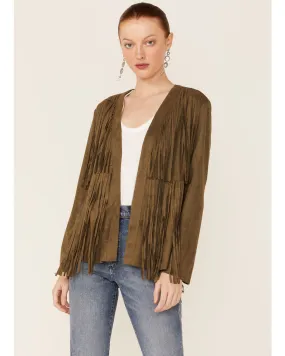 Product Name:  Vocal Women's Dark Olive Tiered Fringe Faux Suede Open-Front Jacket