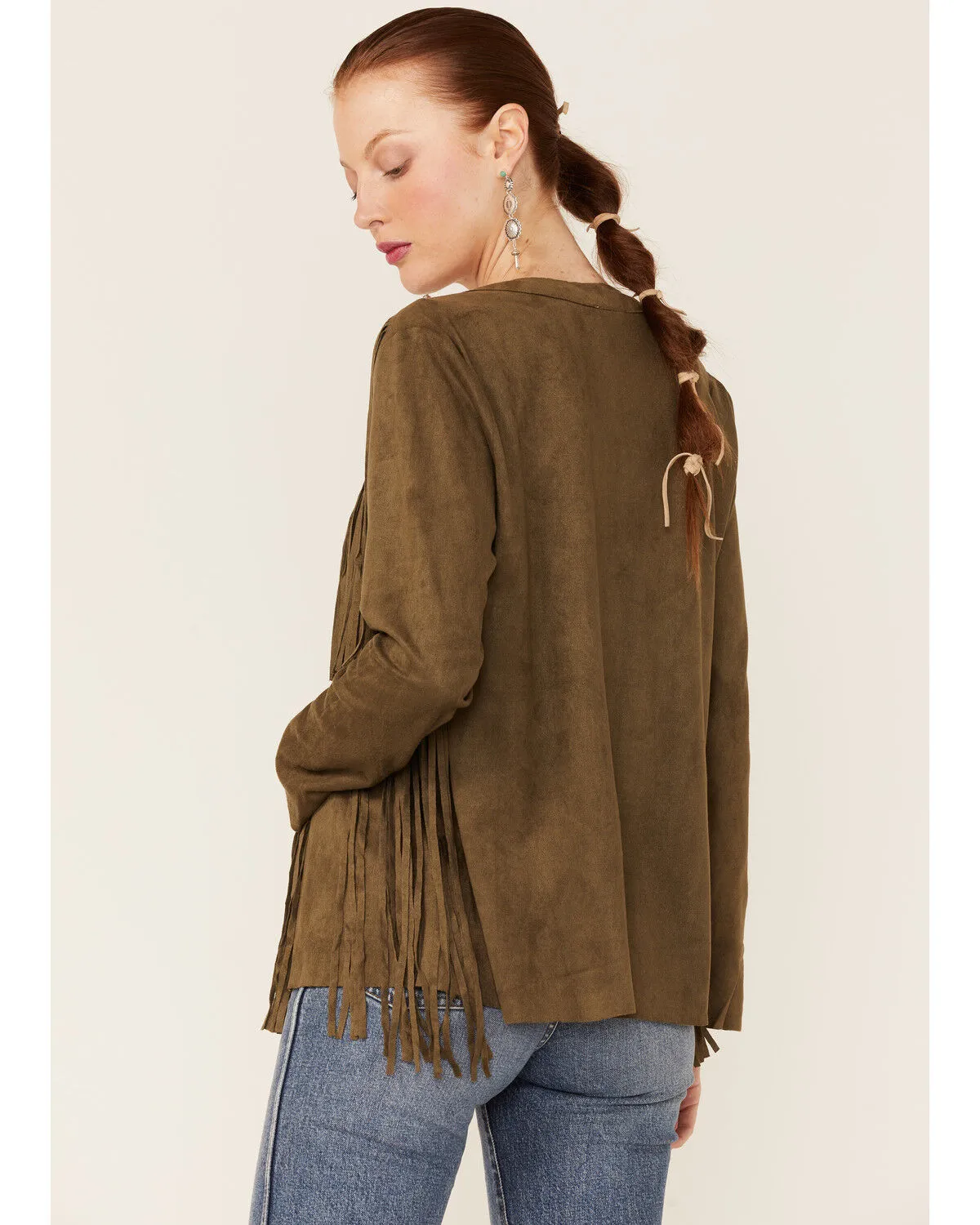 Product Name:  Vocal Women's Dark Olive Tiered Fringe Faux Suede Open-Front Jacket