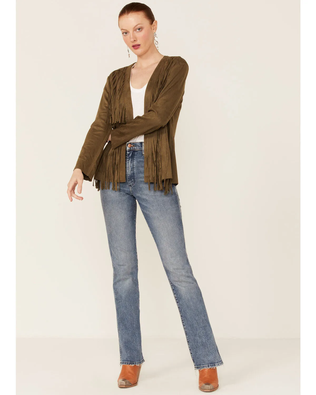 Product Name:  Vocal Women's Dark Olive Tiered Fringe Faux Suede Open-Front Jacket