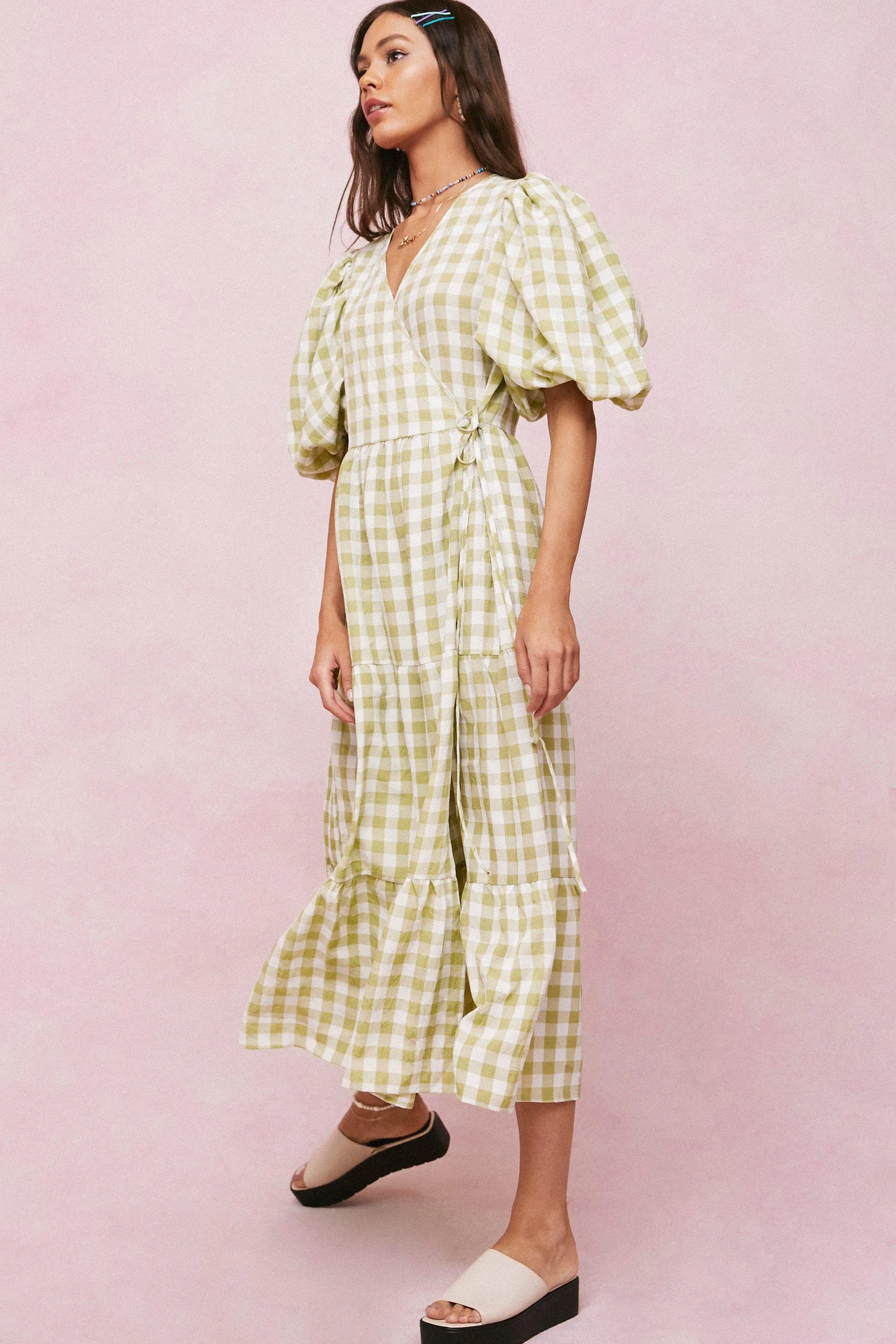 Puff Sleeve Wrap Check Midi Dress