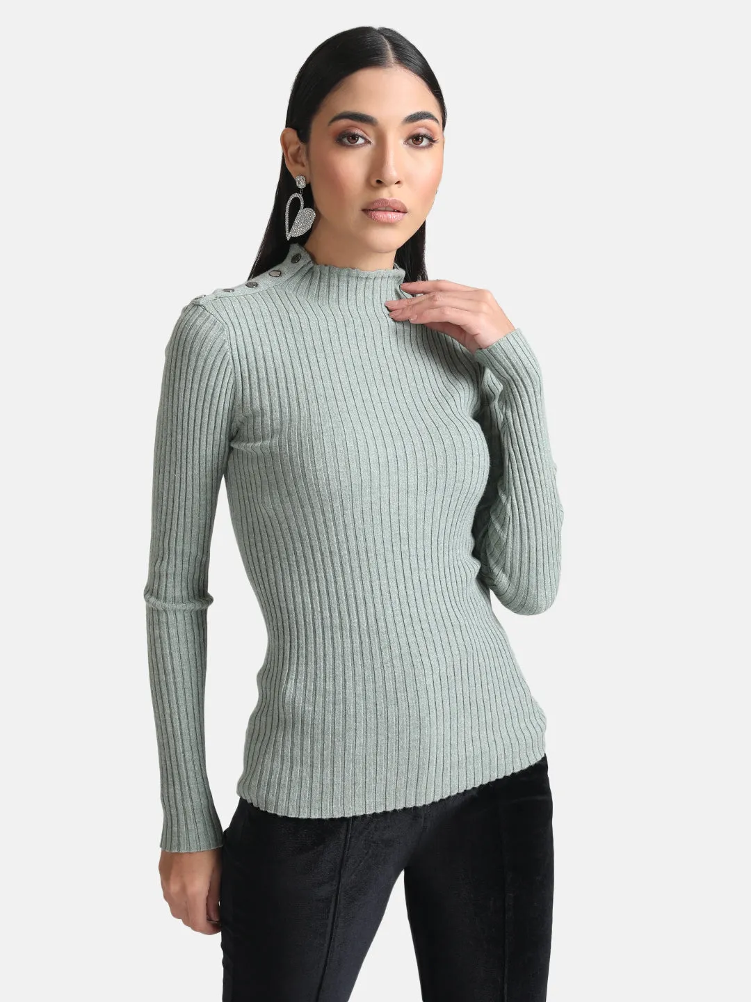 Raised Neck Pullover With Buttons