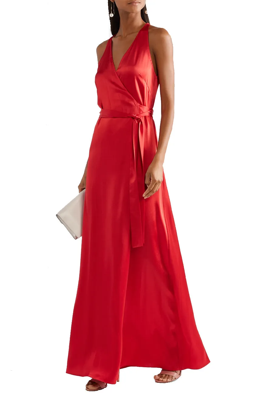 Red Satin Wrap Maxi Dress