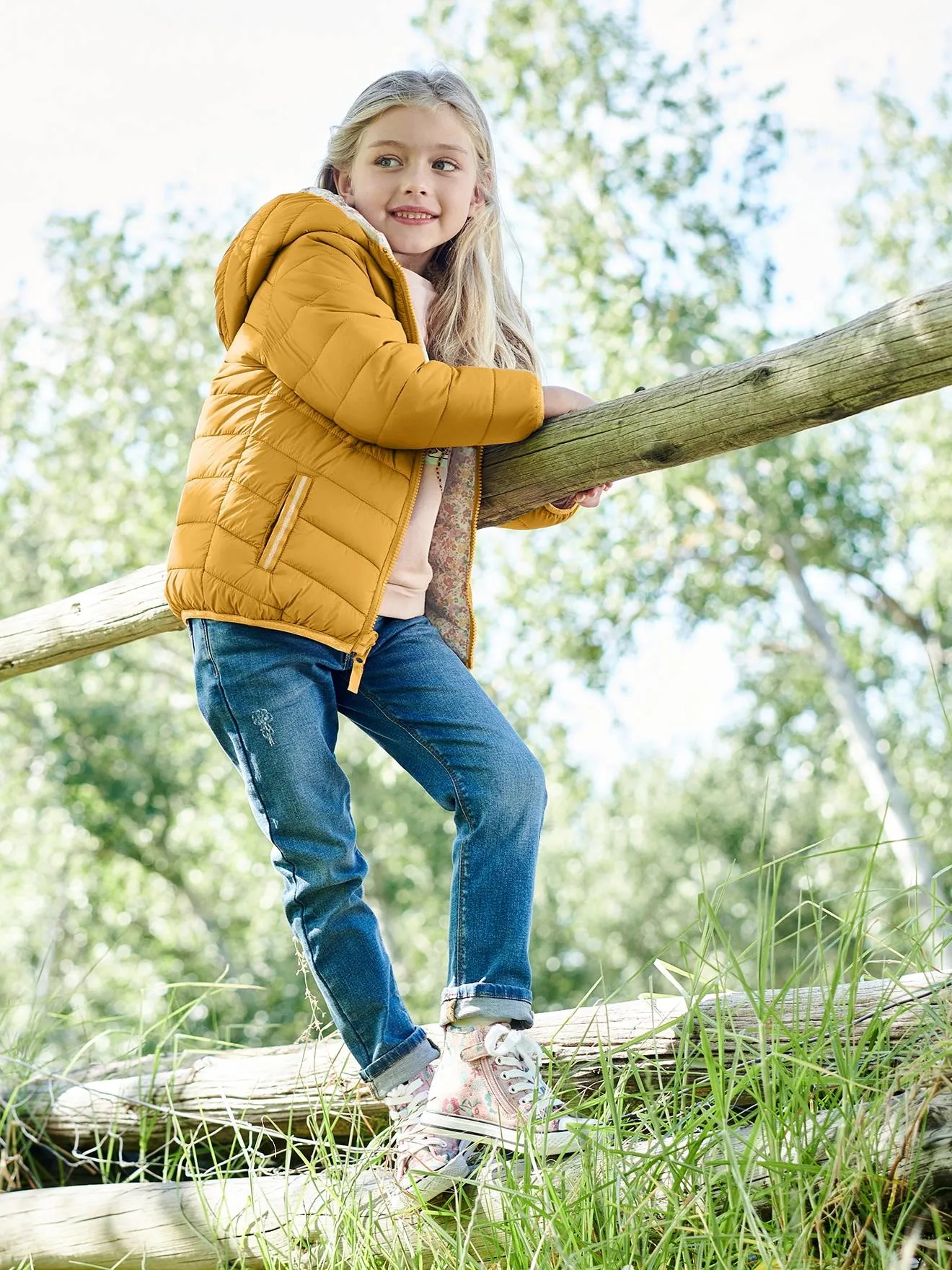 Reversible Lightweight Padded Jacket with Padding in Recycled Polyester, for Girls - pink bright all over printed