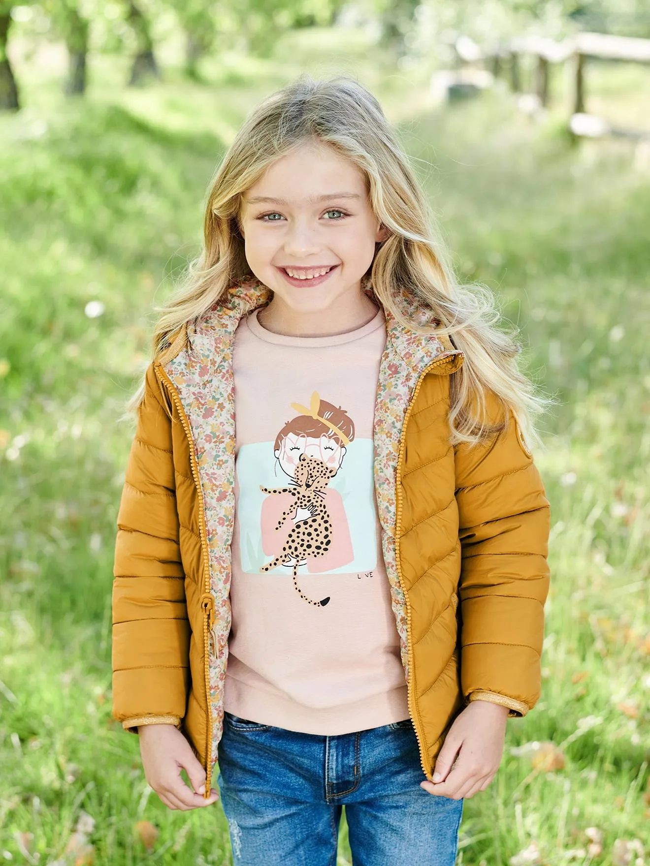 Reversible Lightweight Padded Jacket with Padding in Recycled Polyester, for Girls - pink bright all over printed