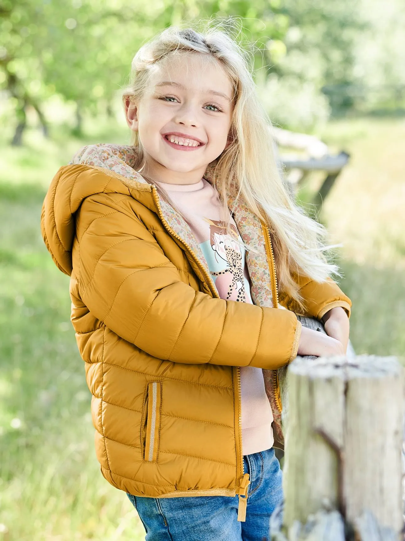 Reversible Lightweight Padded Jacket with Padding in Recycled Polyester, for Girls - pink bright all over printed