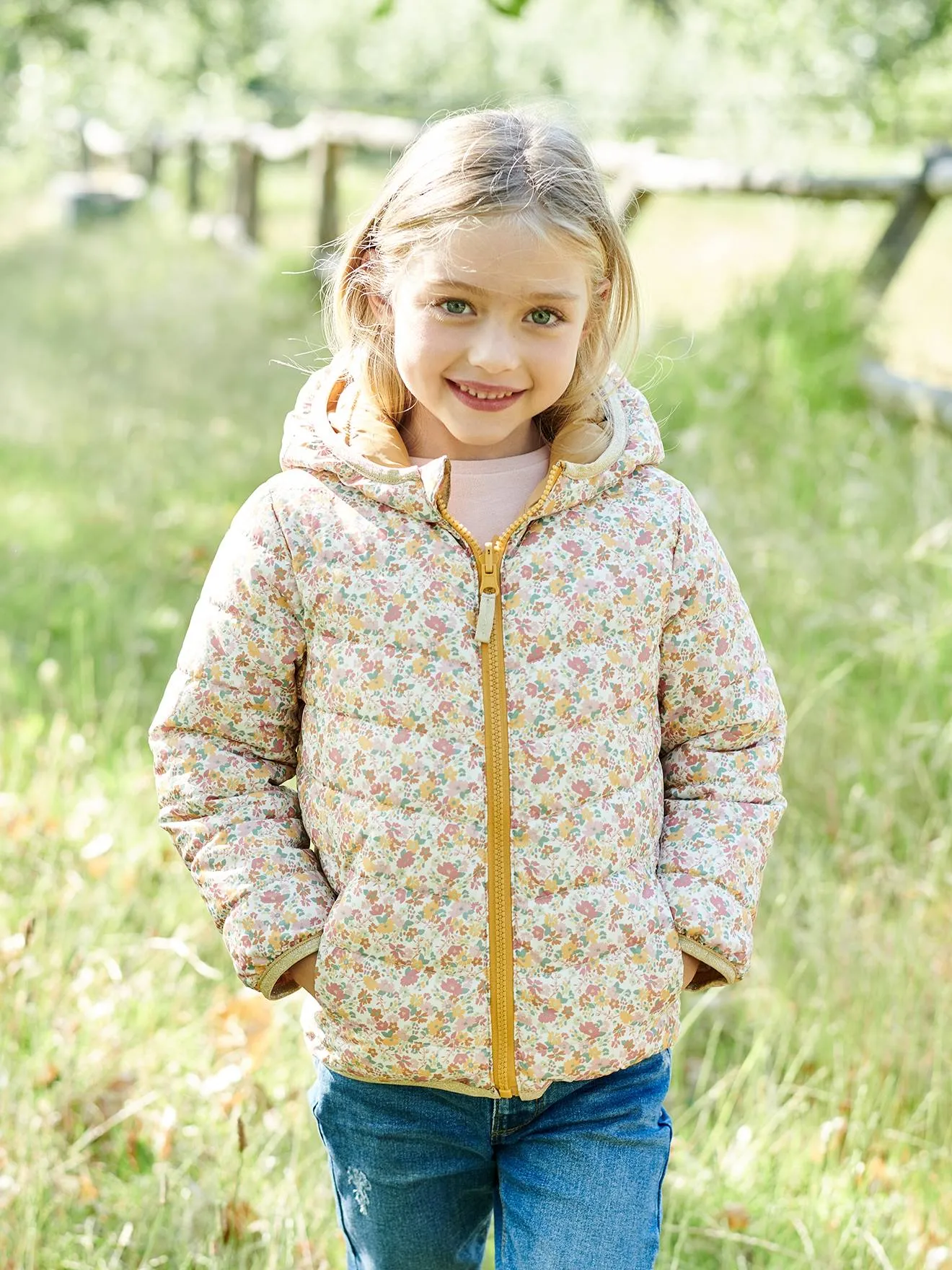 Reversible Lightweight Padded Jacket with Padding in Recycled Polyester, for Girls - pink bright all over printed