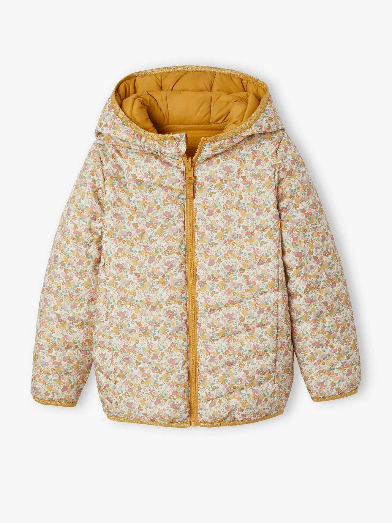 Reversible Lightweight Padded Jacket with Padding in Recycled Polyester, for Girls - pink bright all over printed