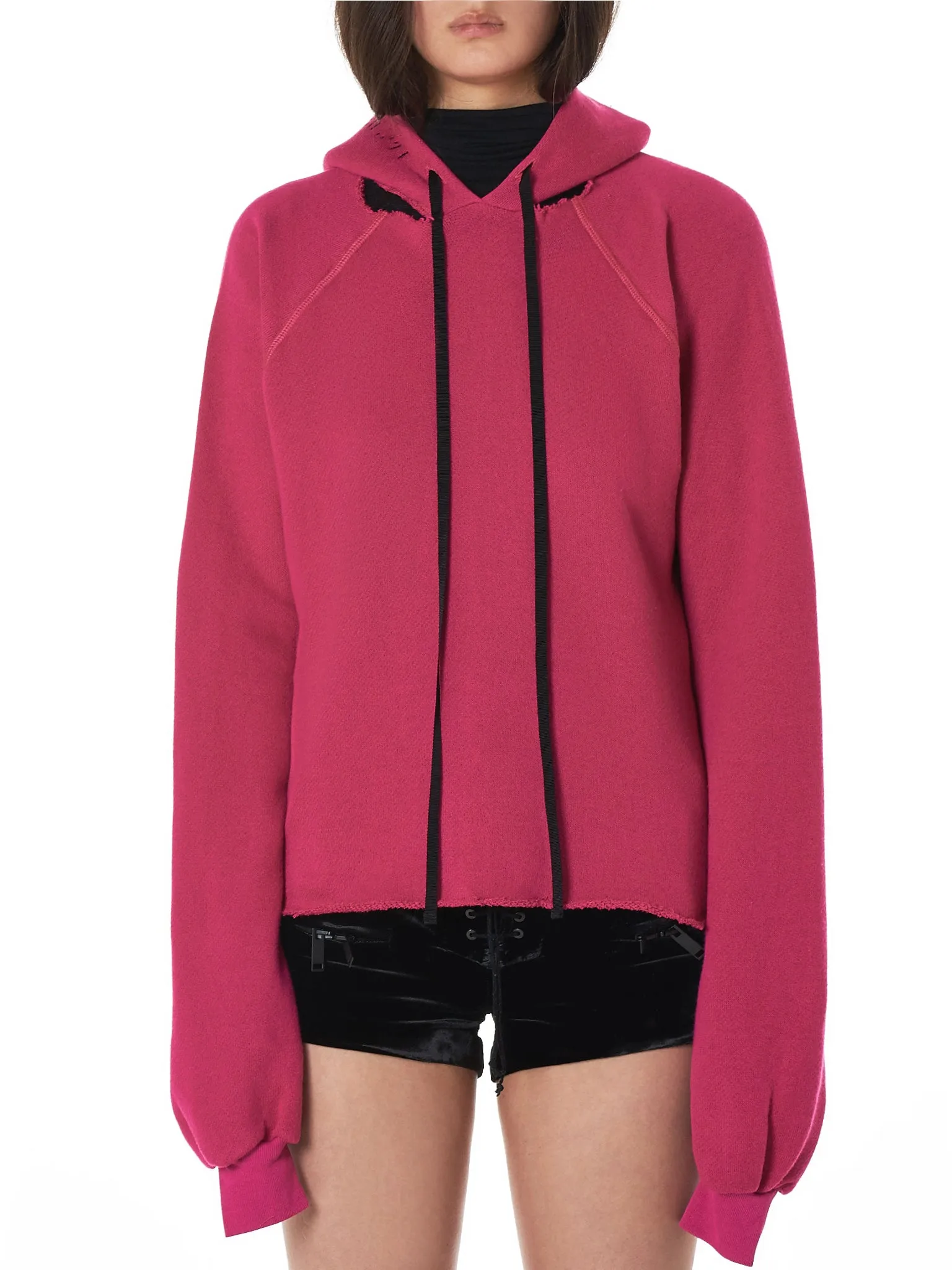 Ripped Neck Hooded Pullover (UWBB040F18008001-FUCHSIA)