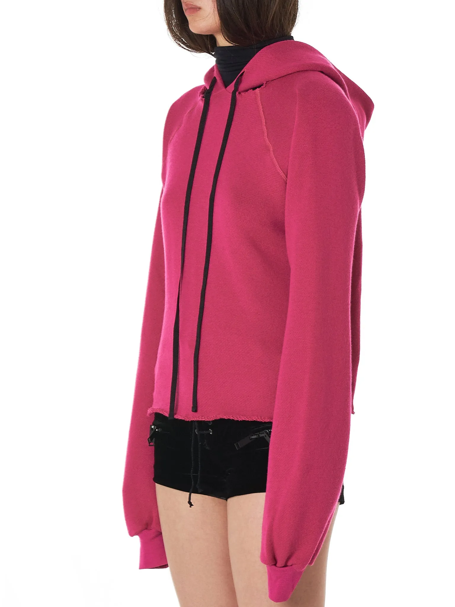 Ripped Neck Hooded Pullover (UWBB040F18008001-FUCHSIA)