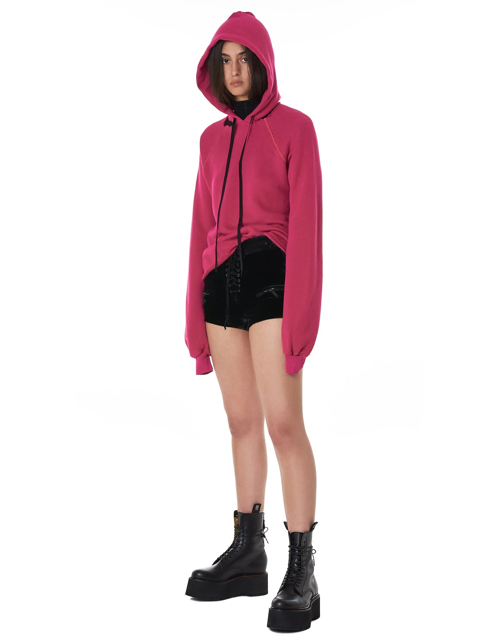 Ripped Neck Hooded Pullover (UWBB040F18008001-FUCHSIA)