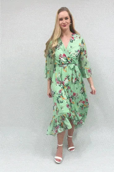 Sage Green Oriental Butterfly High Wrap Dress