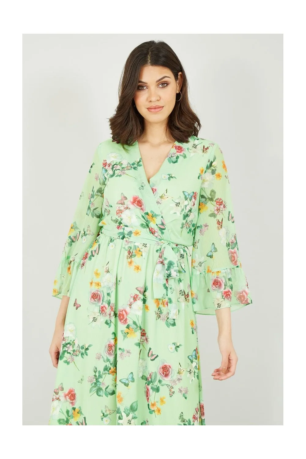 Sage Green Oriental Butterfly High Wrap Dress