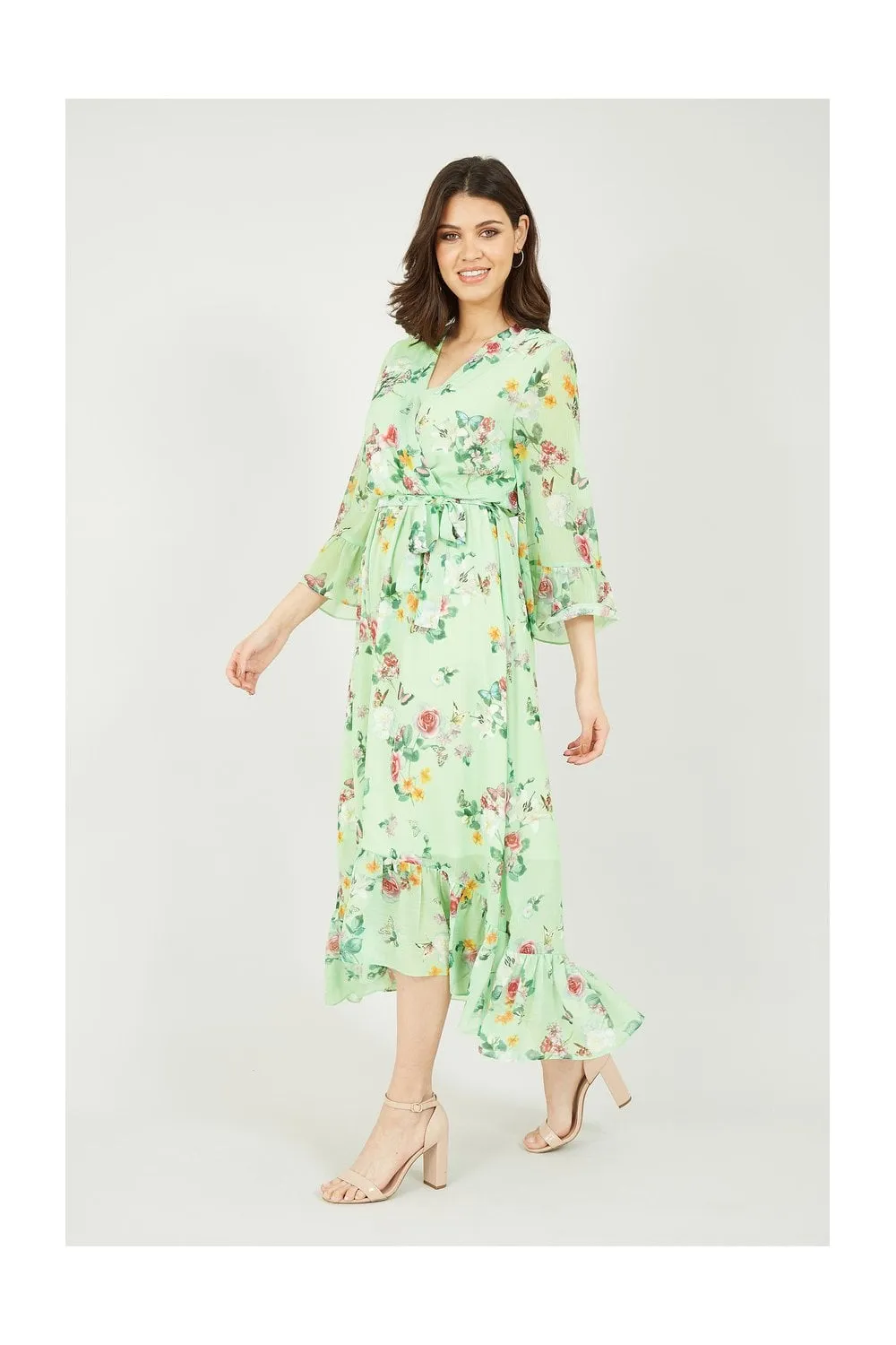 Sage Green Oriental Butterfly High Wrap Dress