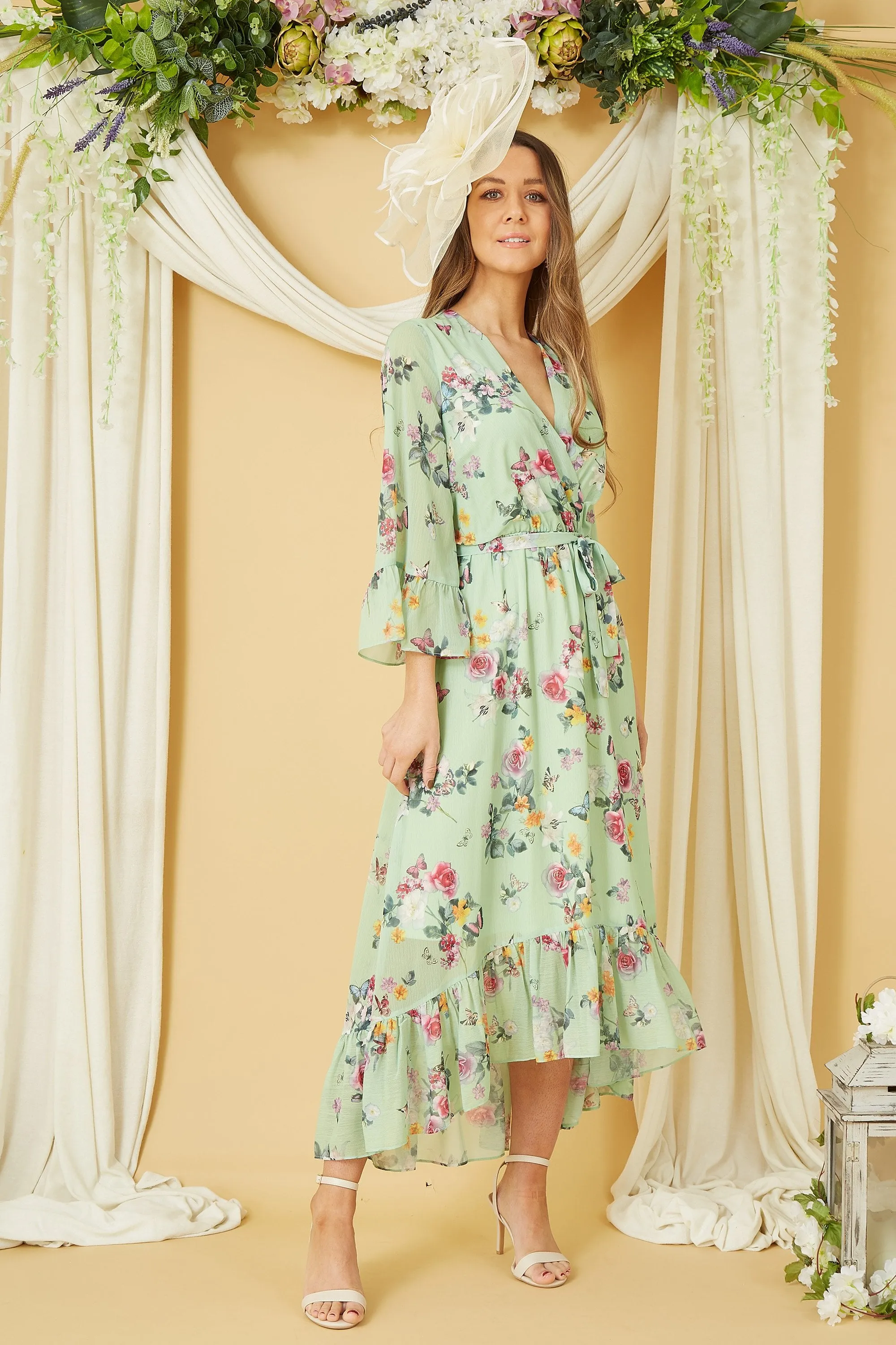 Sage Green Oriental Butterfly High Wrap Dress