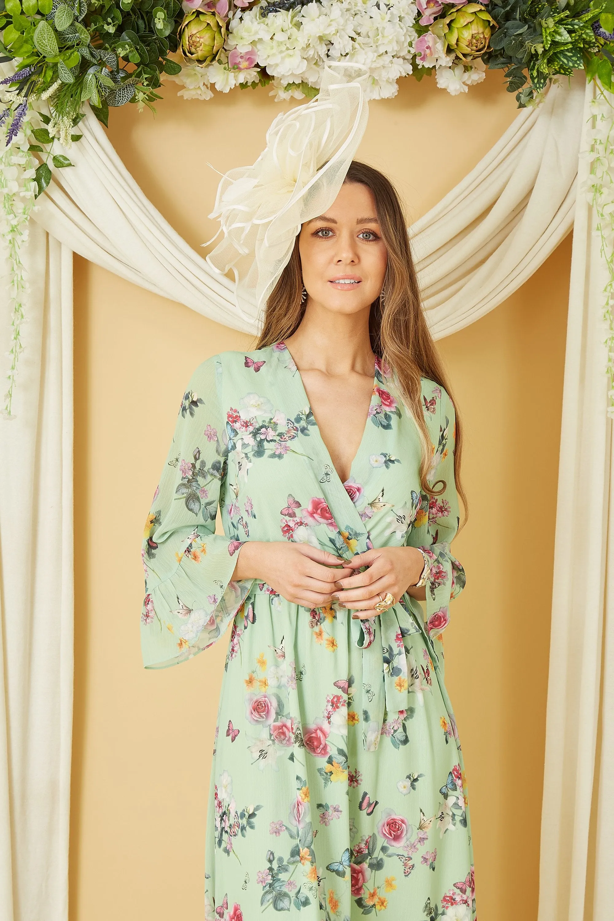 Sage Green Oriental Butterfly High Wrap Dress