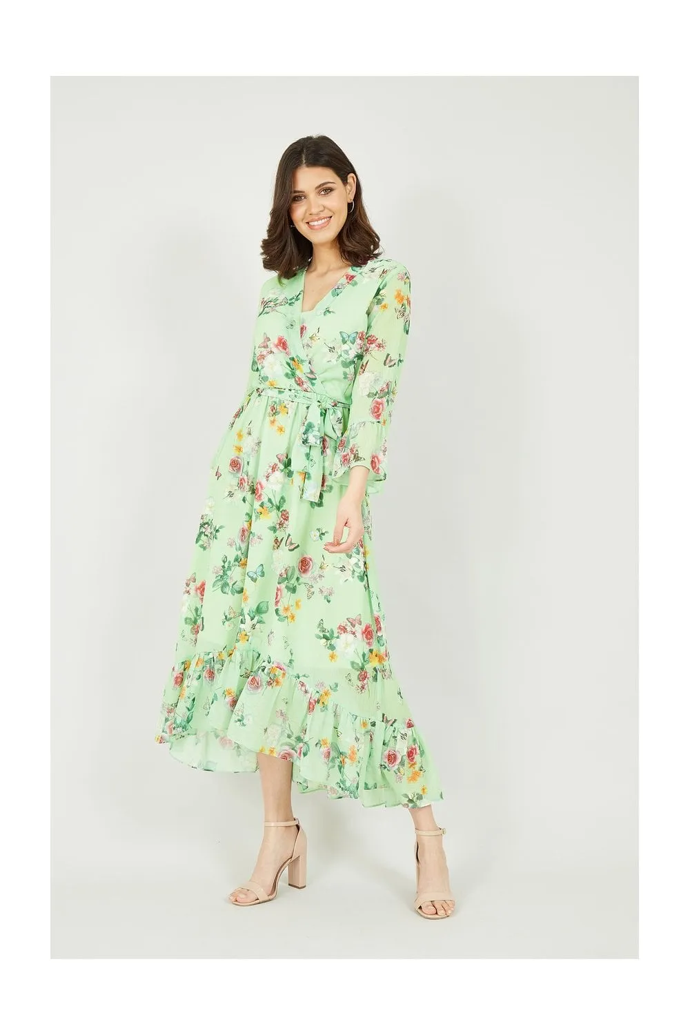 Sage Green Oriental Butterfly High Wrap Dress