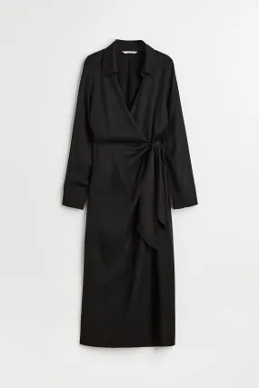 Satin wrap dress - V-neck - Long sleeve - Black - Ladies | H&M GB