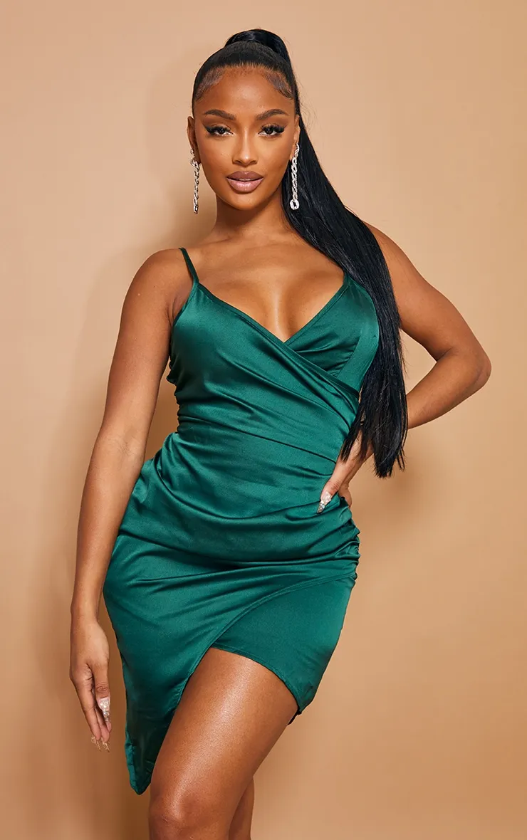 Shape Emerald Green Satin Wrap Dress | Curve