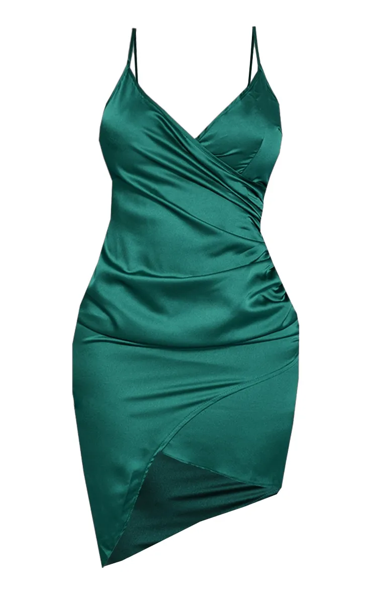 Shape Emerald Green Satin Wrap Dress | Curve