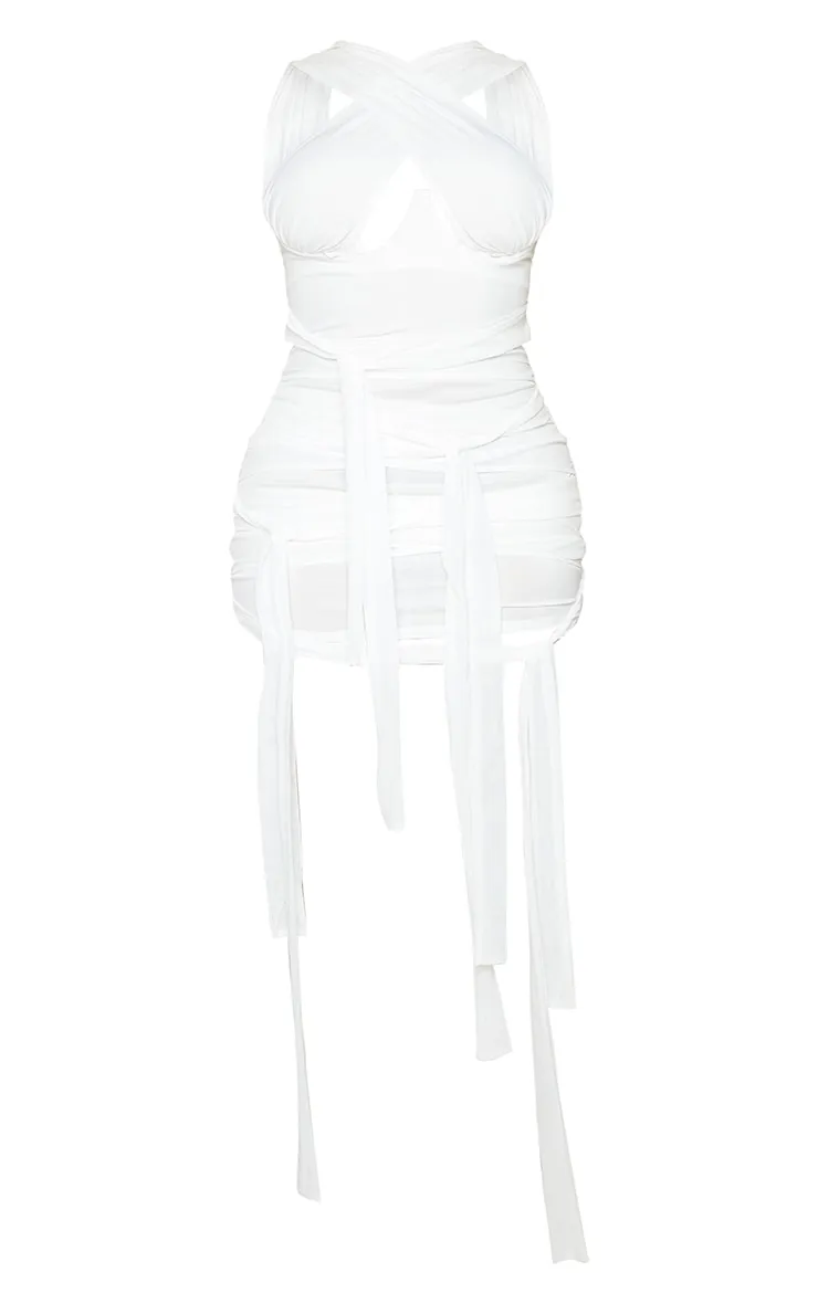 Shape White Mesh Wrap Neck Tie Bodycon Dress