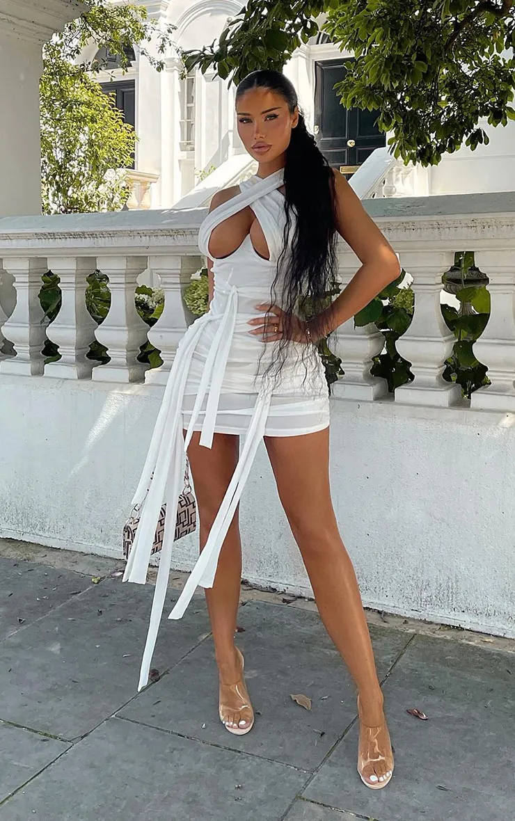 Shape White Mesh Wrap Neck Tie Bodycon Dress