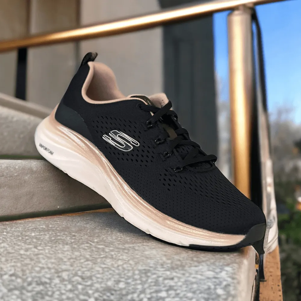 Skechers Vapor Foam Black and Rose Gold Trainers