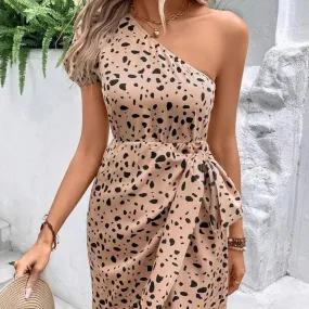 Slant Shoulder Knot Side Wrap Hem Dress