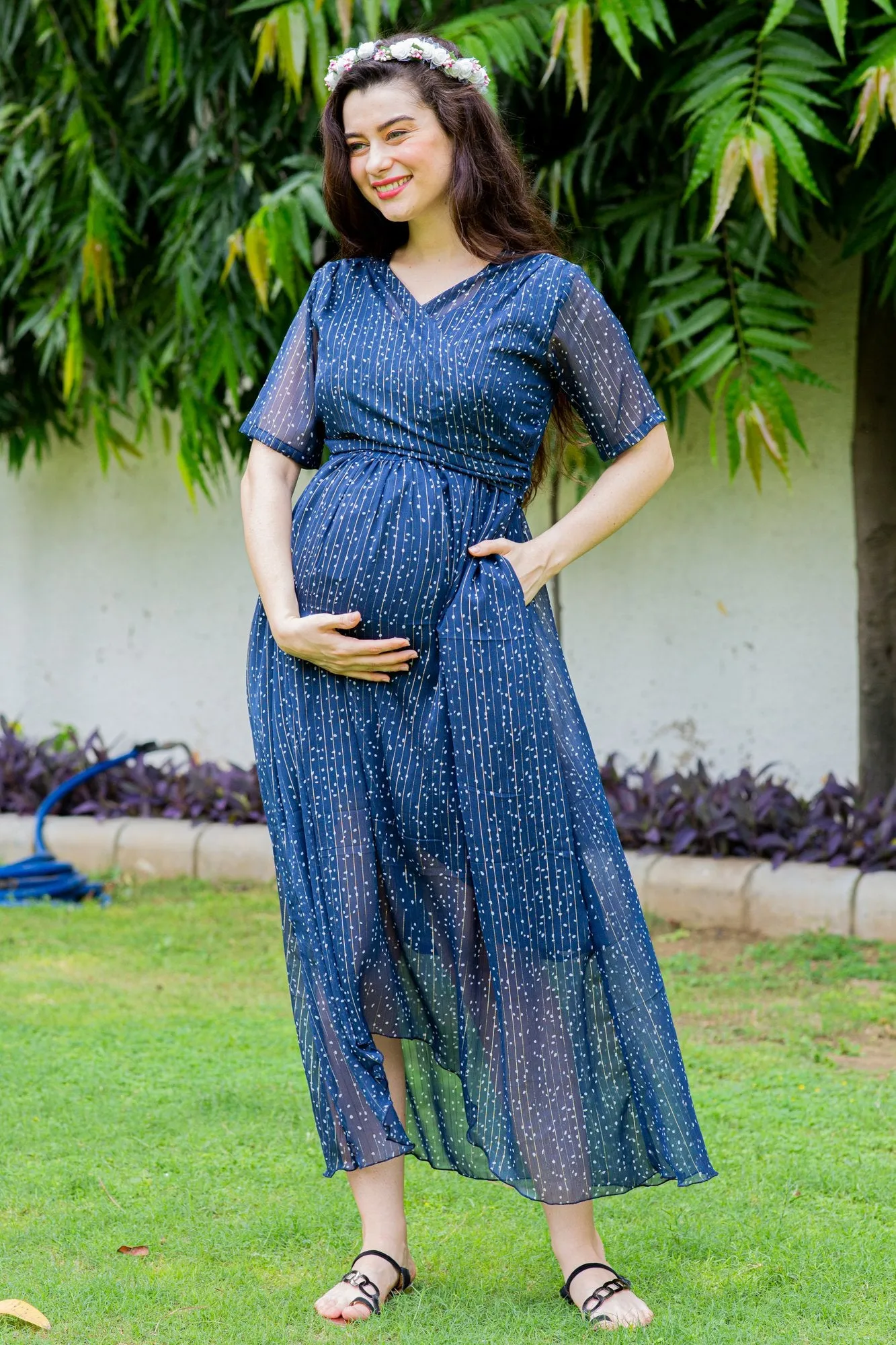 Starry Midnight Maternity & Nursing Hi-Low Wrap Dress