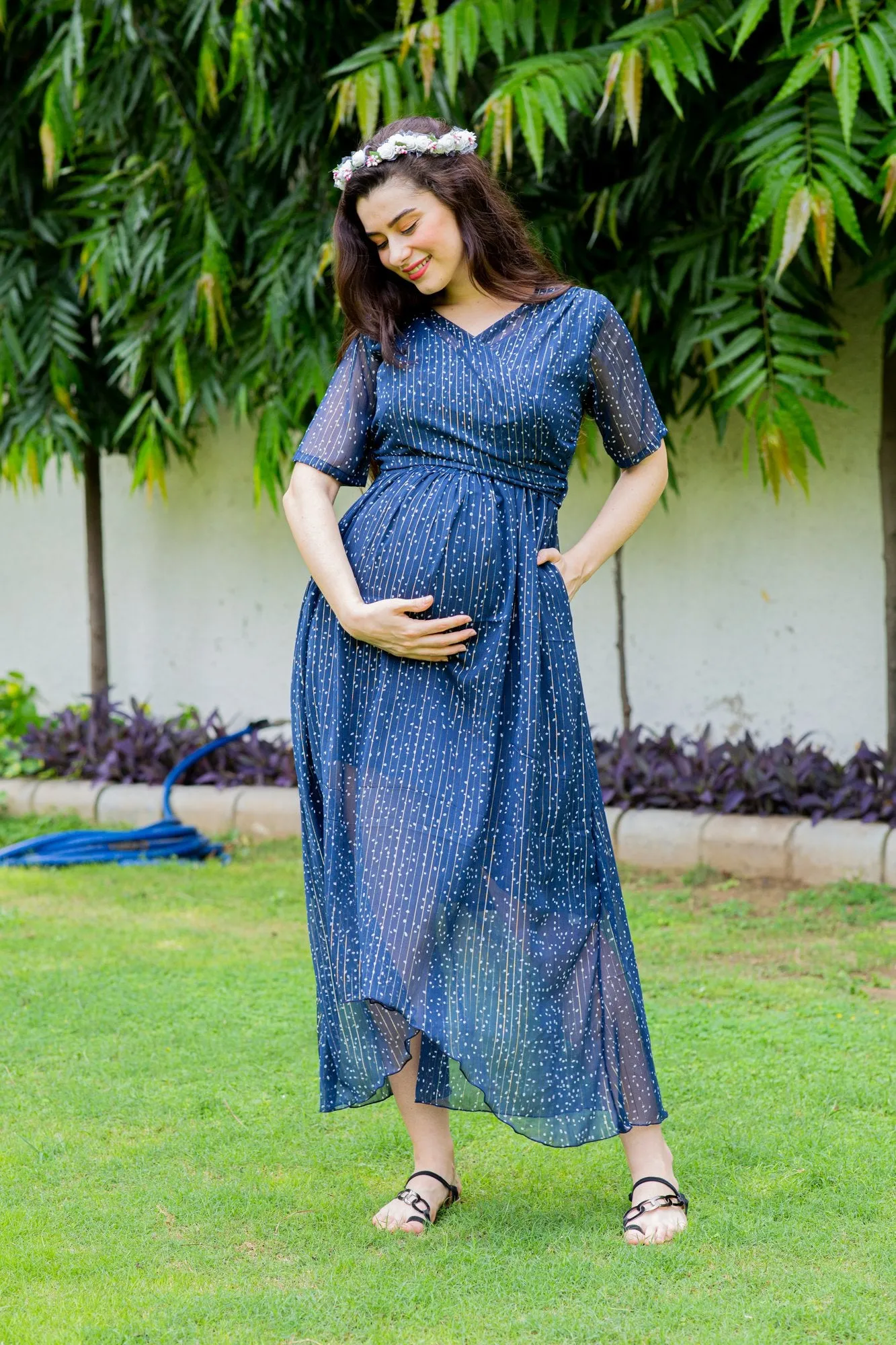 Starry Midnight Maternity & Nursing Hi-Low Wrap Dress