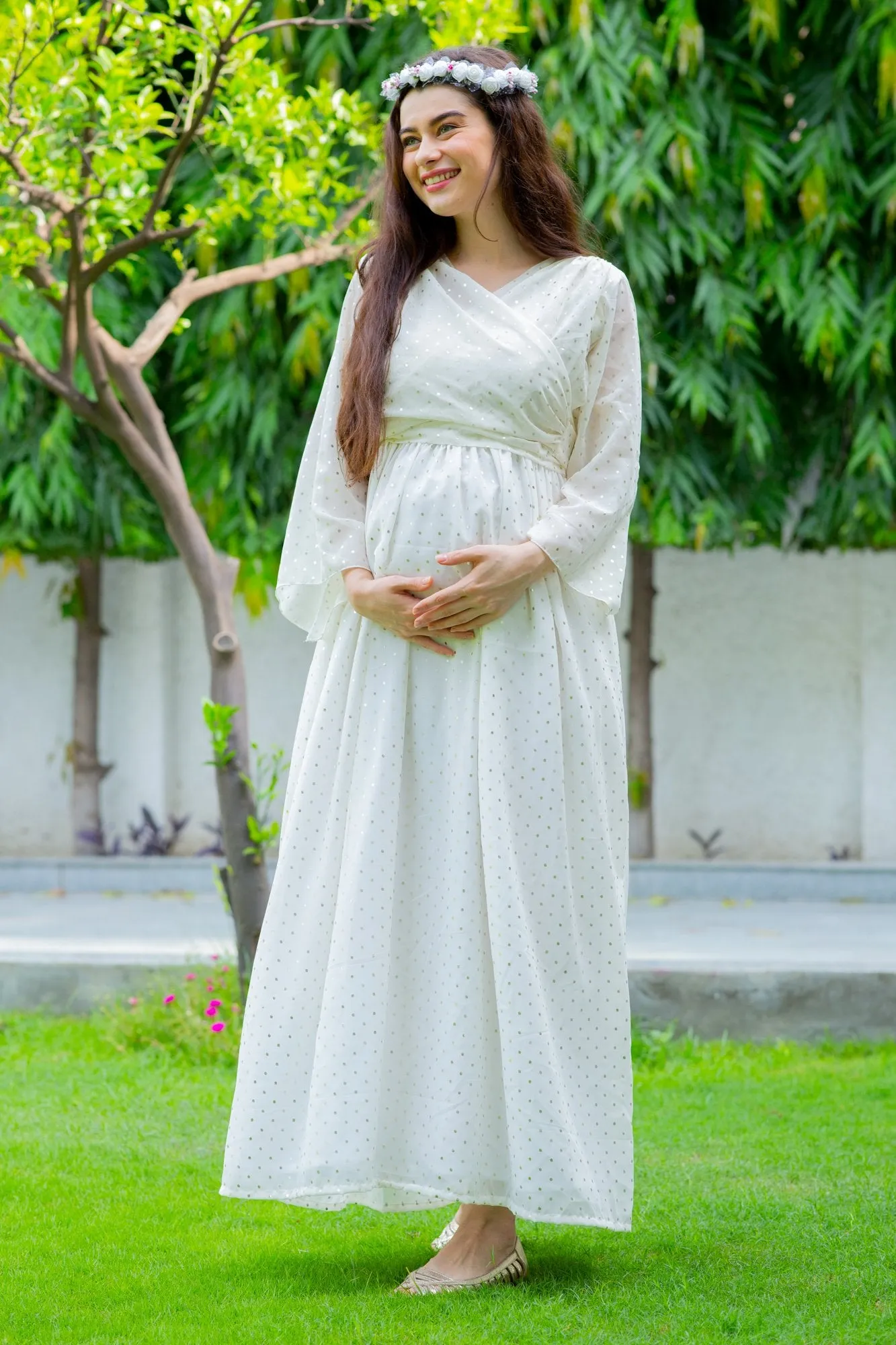 Starry White Maternity & Nursing Wrap Dress