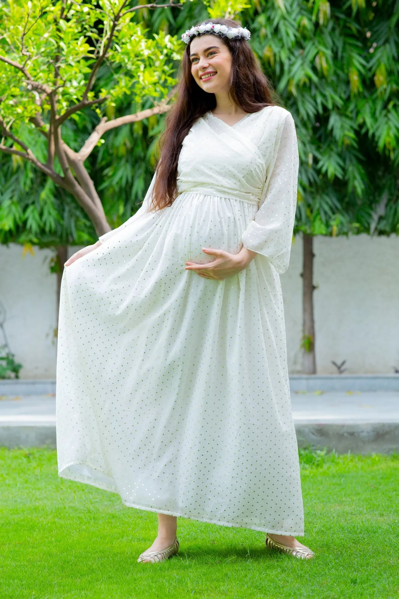 Starry White Maternity & Nursing Wrap Dress