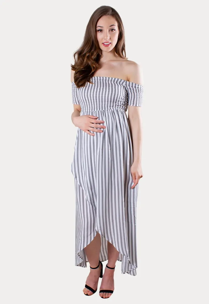 Striped Off the Shoulder Wrap Front Maternity Dress