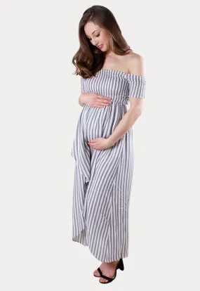 Striped Off the Shoulder Wrap Front Maternity Dress