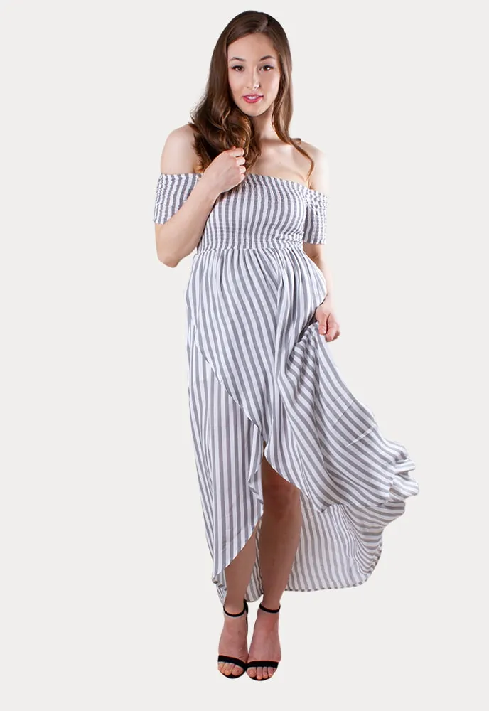 Striped Off the Shoulder Wrap Front Maternity Dress