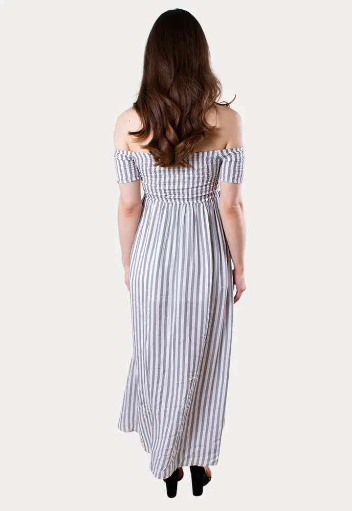 Striped Off the Shoulder Wrap Front Maternity Dress