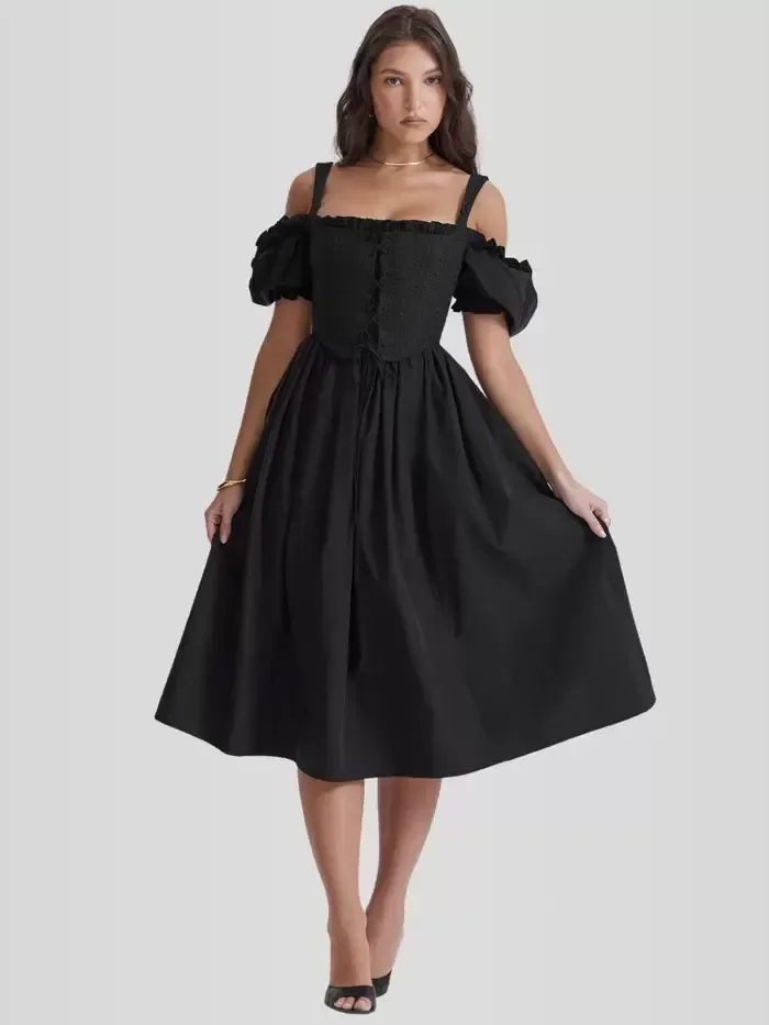 Summer Dress Midi Dress Black Bateau Neck Pleated Polyester Beach Dress