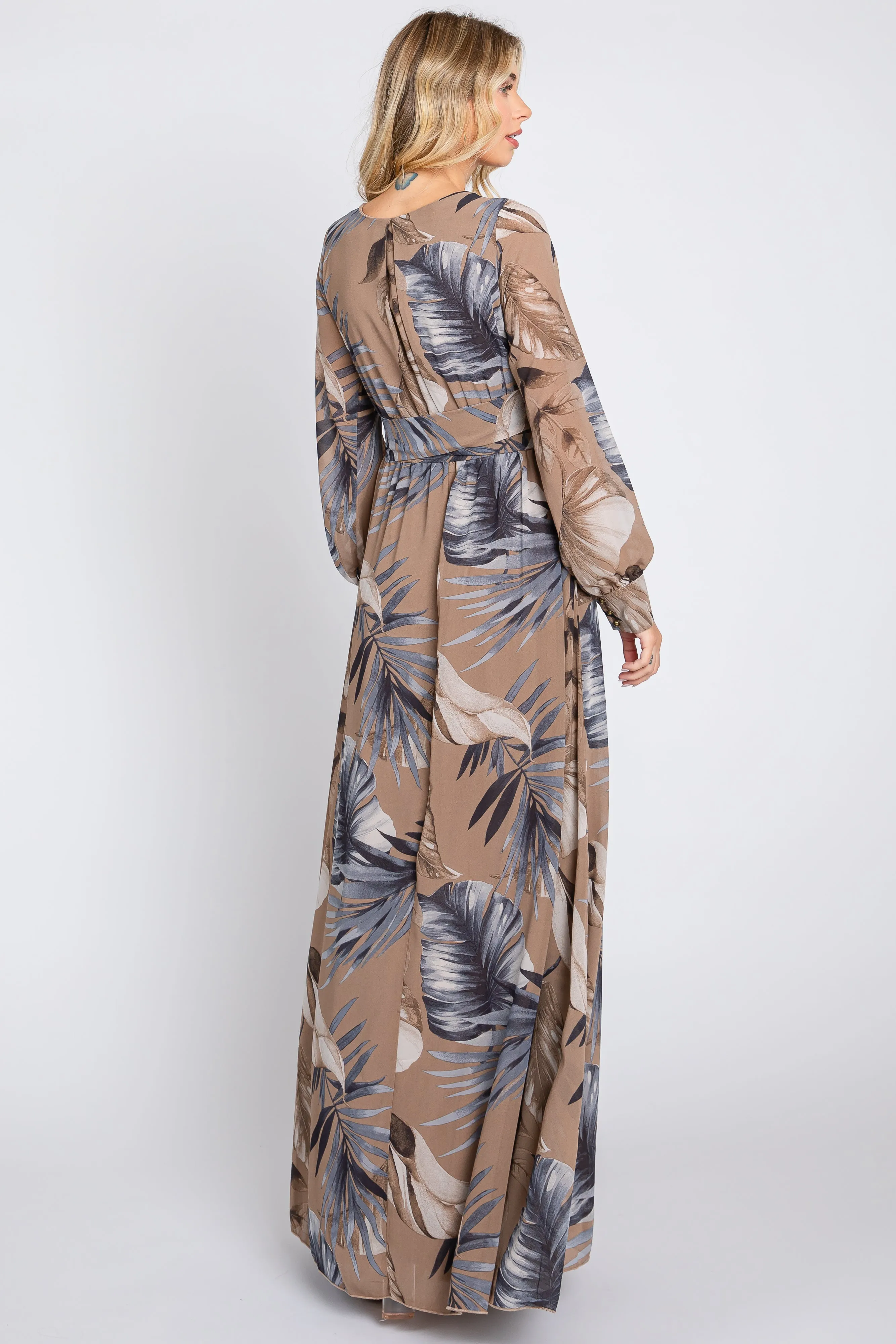 Taupe Palm Print Chiffon Wrap Front V-Neck Long Sleeve Maxi Dress