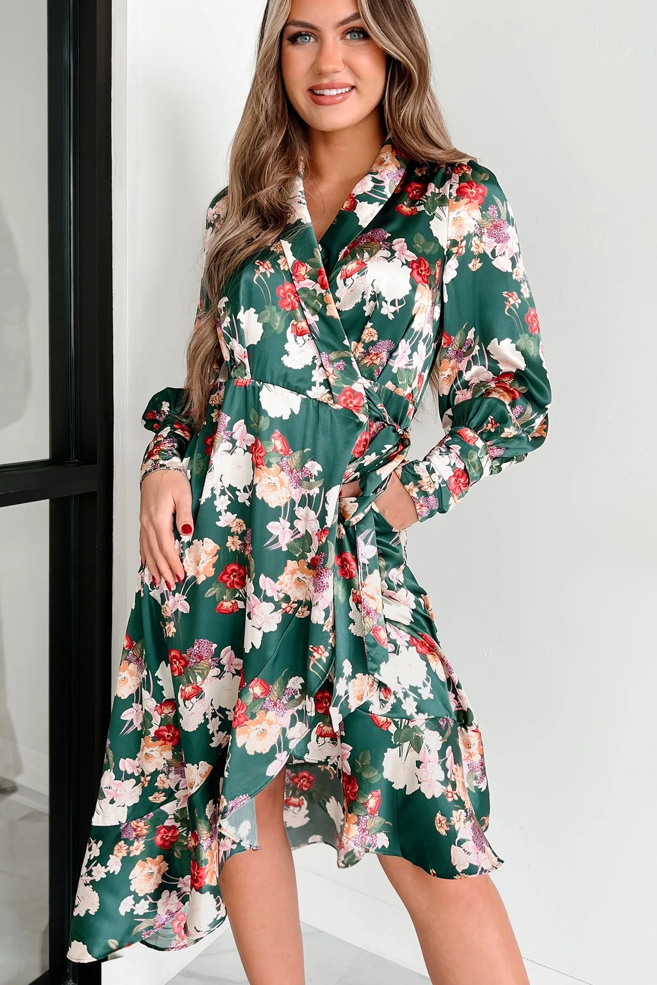 Tempting Sight Satin Floral Wrap Dress (Teal)