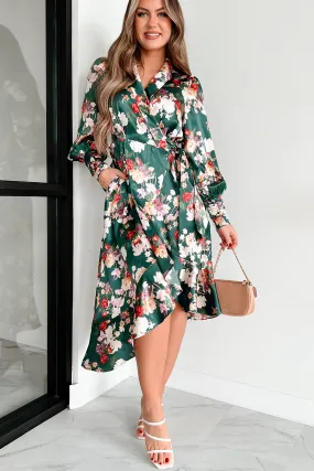 Tempting Sight Satin Floral Wrap Dress (Teal)