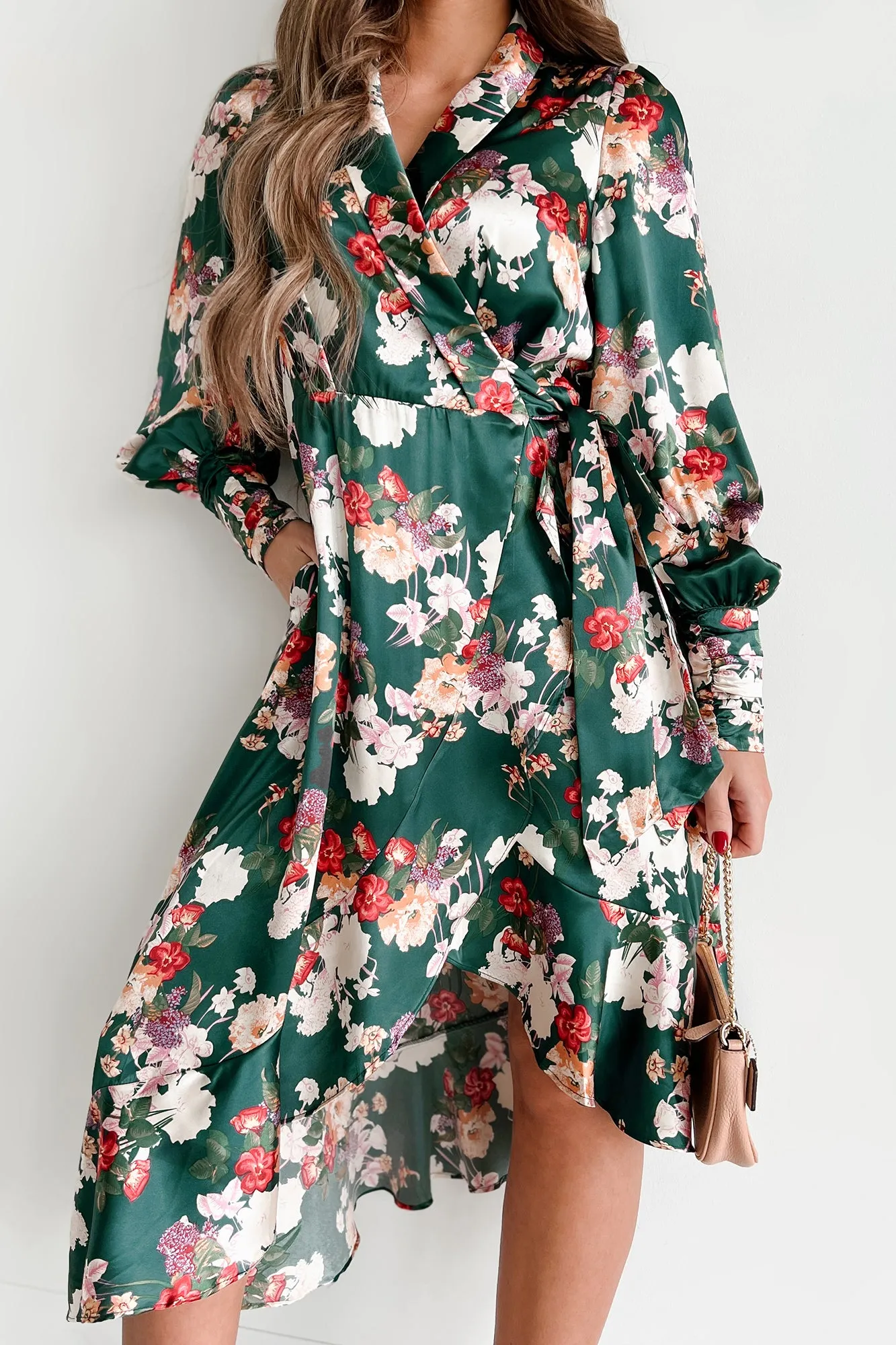 Tempting Sight Satin Floral Wrap Dress (Teal)