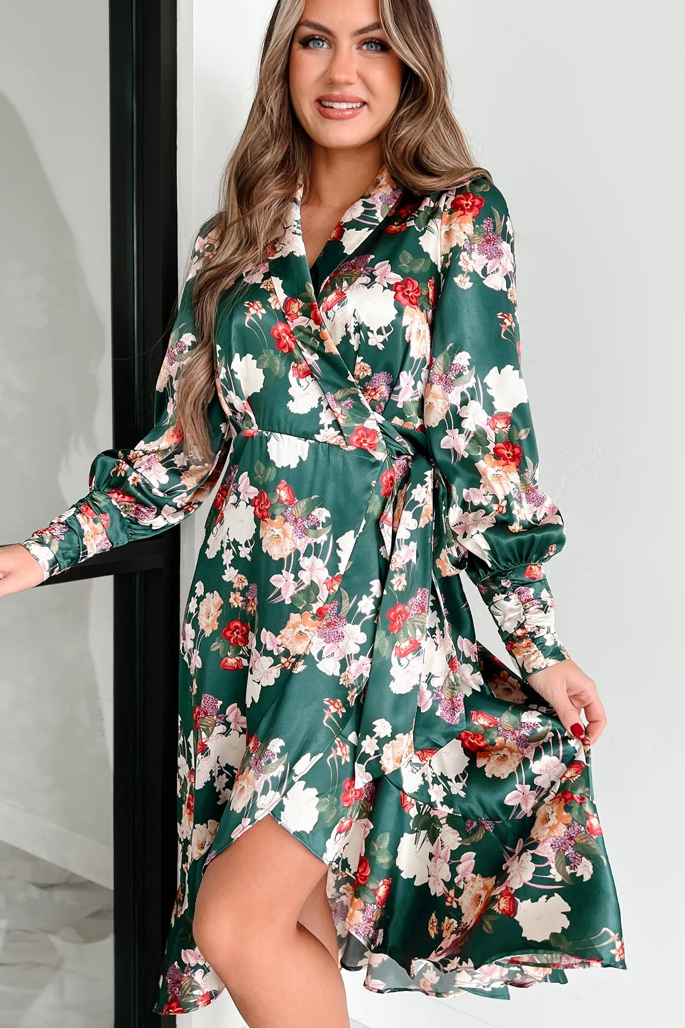 Tempting Sight Satin Floral Wrap Dress (Teal)