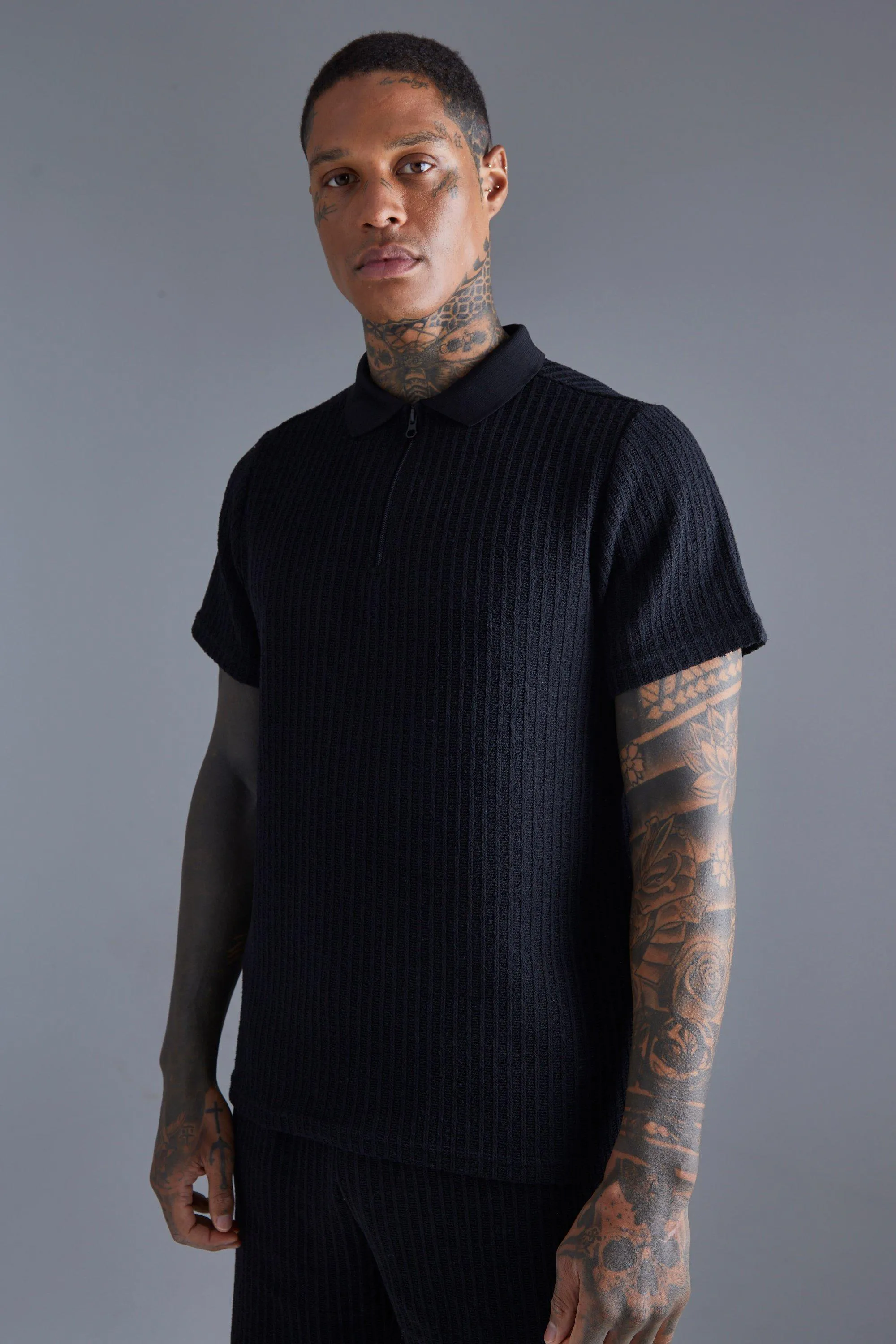 Textured Zip Polo | boohooMAN UK