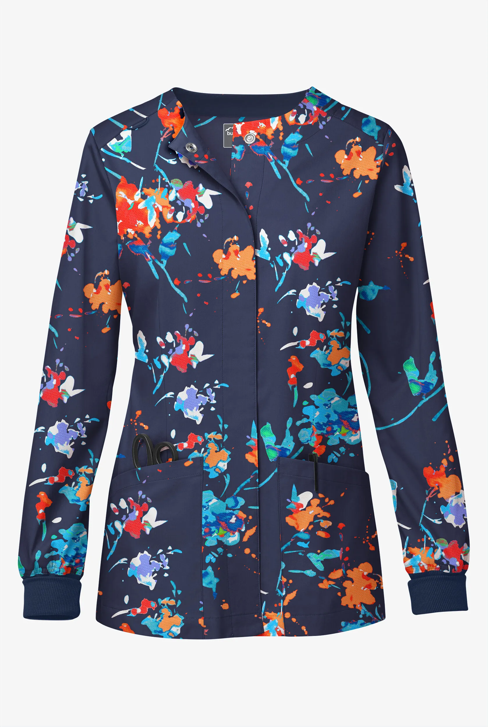 UA Butter-Soft STRETCH Floral Splash Navy Women's 2-Pocket Long Sleeve Print Scrub Jacket