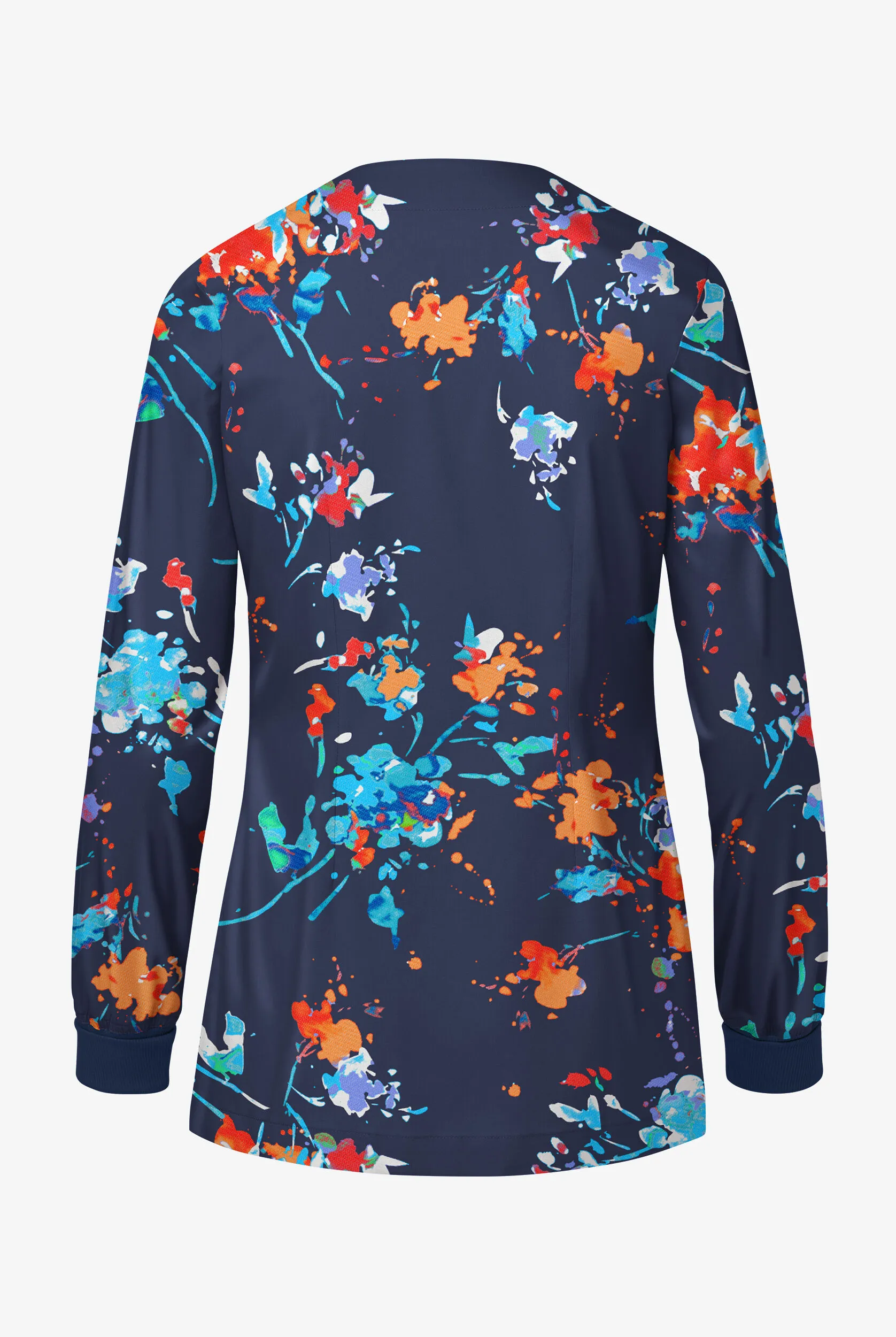 UA Butter-Soft STRETCH Floral Splash Navy Women's 2-Pocket Long Sleeve Print Scrub Jacket