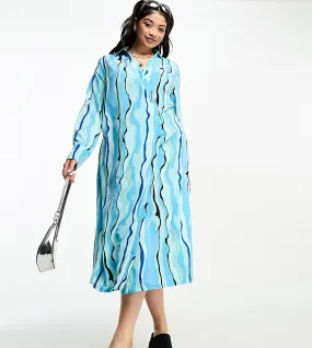 Urban Threads Curve Urban Threads Plus wrap shirt dress in blue abstract print