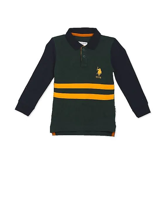 U.S. Polo Assn. Kids Boys Dark Green Long Sleeve Striped Polo Shirt