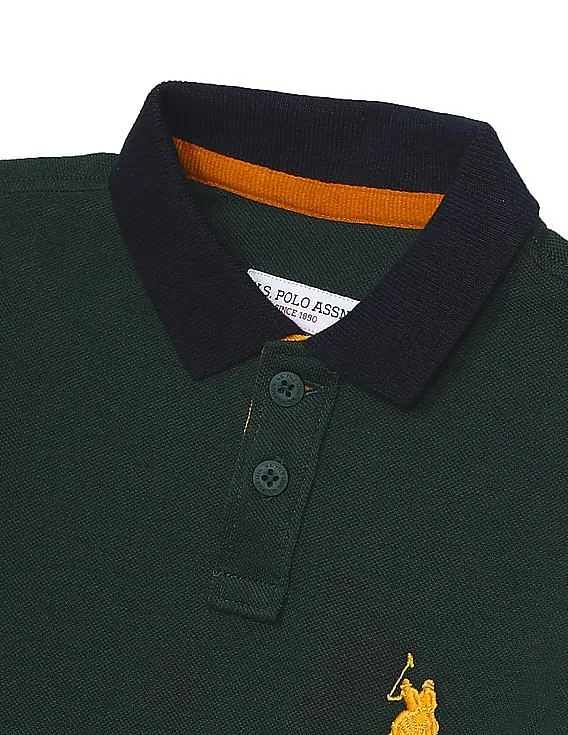 U.S. Polo Assn. Kids Boys Dark Green Long Sleeve Striped Polo Shirt