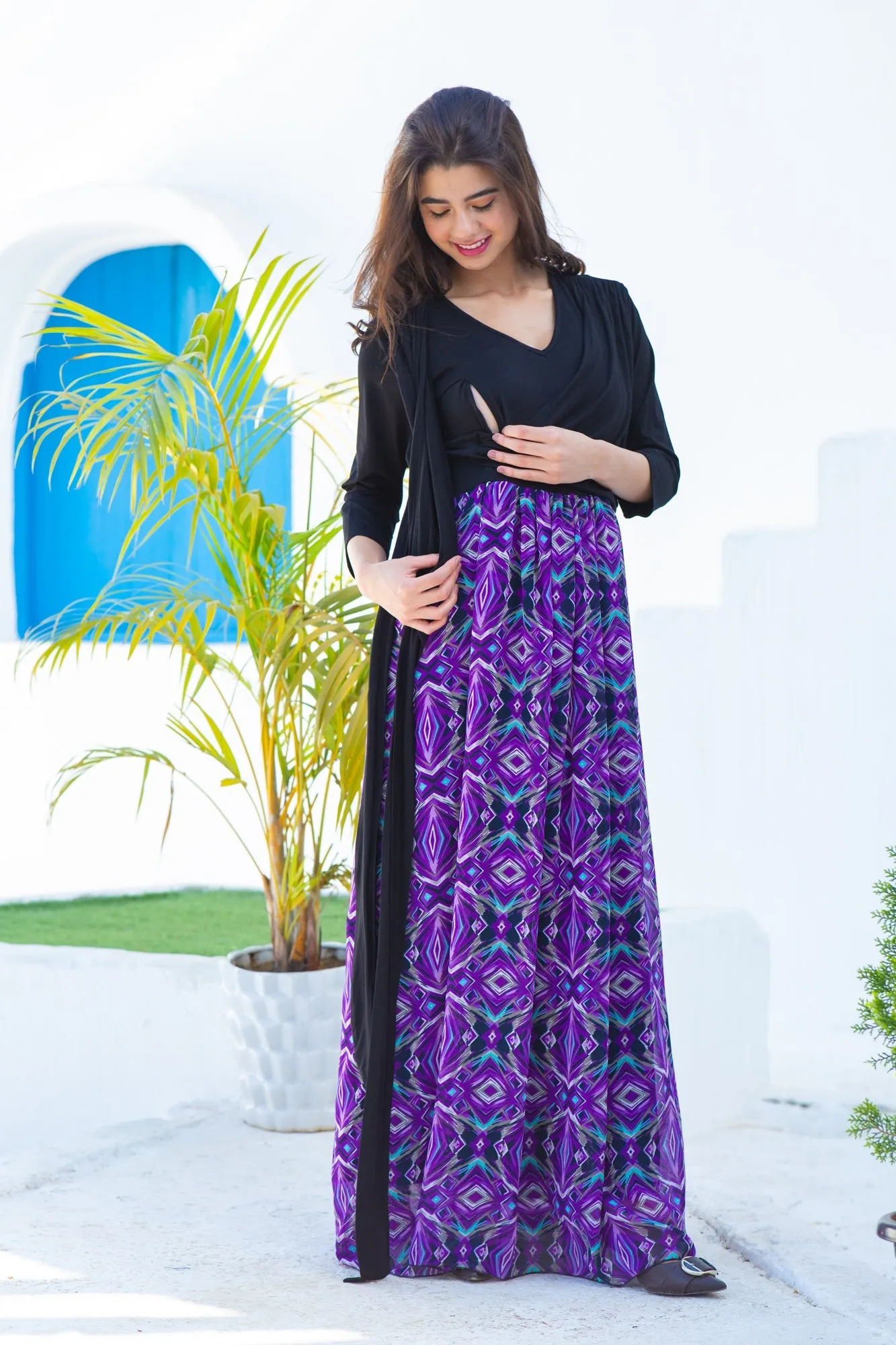 Violet Patterned Luxe Chiffon Maternity & Nursing Wrap Dress